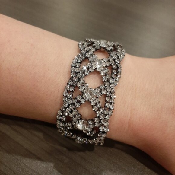 Braided Faux Diamond Bracelet Rhinestone Formal Wedding Woven Chunky Gunmetal - Picture 9 of 12